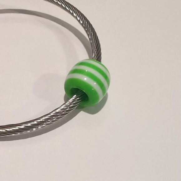 Green and White Striped Charm for Pandora Style Bracelet - Picture 4 of 4